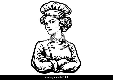 Woman chef ink sketch in engraving style. Drawing young female vector illustration. Stock Vector