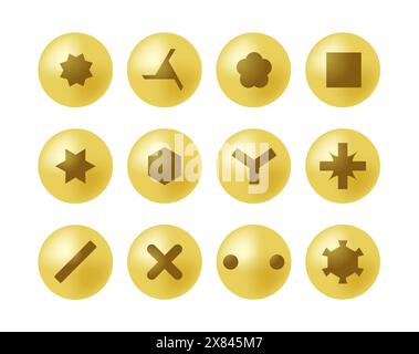 Set of gold screw heads. Stainless steel bolts. Nails and rivets. Top view. Vector illustration in flat style. Different hardware elements. Mechanic Stock Vector