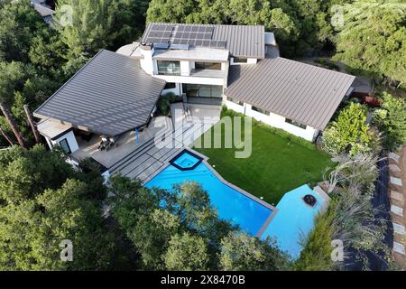 An aerial view of mansion house purchased by Los Angeles Dodgers player Shohei Ohtani, Wednesday, May 22, 2024, in La Canada Flintridge, Calif. The home was purchased through limited liability company Decopin LLC, the name of Ohtani's dog. Stock Photo