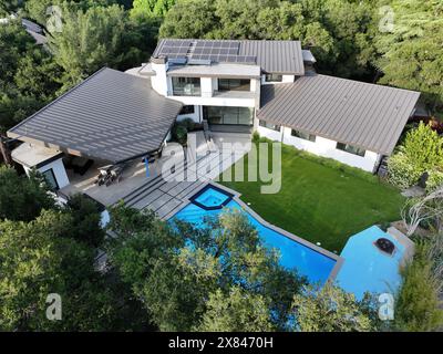 An aerial view of mansion house purchased by Los Angeles Dodgers player Shohei Ohtani, Wednesday, May 22, 2024, in La Canada Flintridge, Calif. The home was purchased through limited liability company Decopin LLC, the name of Ohtani's dog. Stock Photo