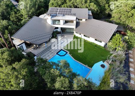 An aerial view of mansion house purchased by Los Angeles Dodgers player Shohei Ohtani, Wednesday, May 22, 2024, in La Canada Flintridge, Calif. The home was purchased through limited liability company Decopin LLC, the name of Ohtani's dog. Stock Photo