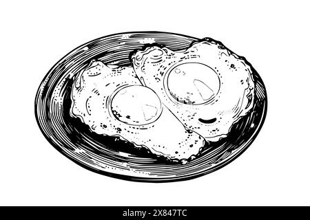 Fried egg on a plate hand drawn ink sketch. Engraving style vector illustration. Stock Vector