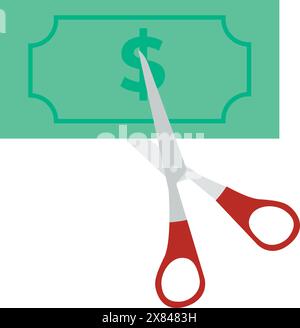 Cutting or lowering price concept. scissors cutting money bill in half. vector illustration in flat style Stock Vector