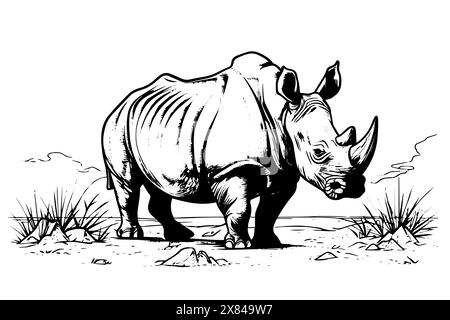 Rhinoceros in desert. Engraved lined style with bold lines. Black and white colors. Stock Vector