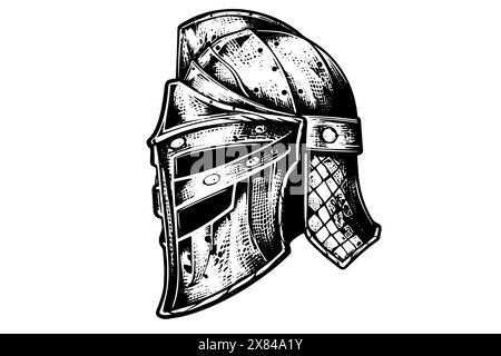 Knight helmet hand drawn ink sketch. Engraved style vector illustration. Stock Vector