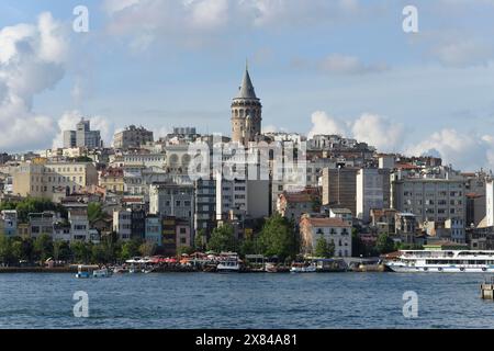 View of Galata Tower with city, Beyoglu, Golden Horn, Istanbul, Turkey, Asia, View of an old town with a tower, surrounded by densely standing Stock Photo