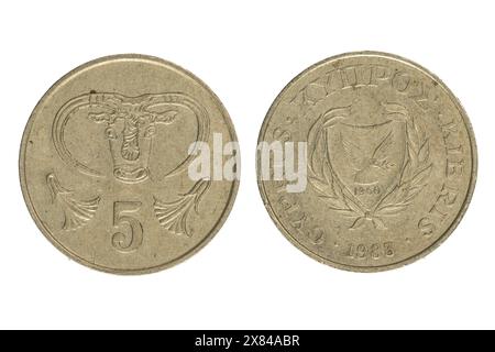 Cypriot coin, with shield symbol and year 1983, 5 cents, obverse and reverse Stock Photo