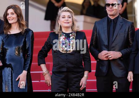 Cannes, France, 21 May 2024: Chiara Mastroianni, Catherine Deneuve and Benjamin Biolay at the premiere of Marcello Mio on the red carpet of the Stock Photo