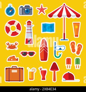 Summer elements signs and symbol stickers flat icon. Stock Vector