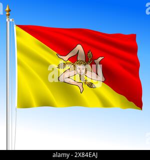 Sicily, Sicilia, waving flag of the region, Region of Sicily, Italy, vector illustration Stock Vector