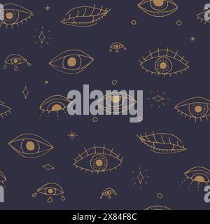 Mystical seamless pattern with golden all seeing eyes on blue background Stock Vector