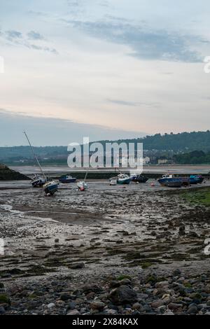 Small boats moored in the harbour at Rhos-on-Sea, Wales, Uk at low tide. Stock Photo