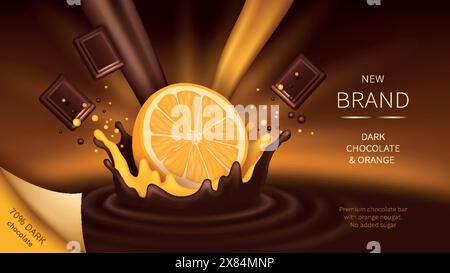 Chocolate and orange slice falling into liquid crown splash realistic vector illustration. Mock up wrapper or ad banner for organic chocolate with high cocoa content and orange nougat Stock Vector