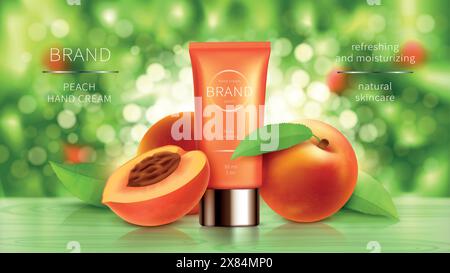 Peach or apricot cosmetics realistic vector background. Tube with cosmetic skin care cream or scrub, whole and sliced ripe orange fruit and green leaves on natural background with sunshine, ads poster Stock Vector