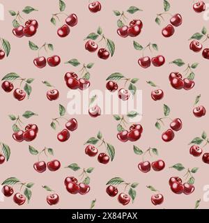 Cherry berries with leaves, watercolor floral seamless pattern on peach pink background with spring blossom for table textile, delicious prints, summe Stock Photo