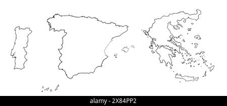 Contour drawing of Spain, Portugal and Greece. Map illustration of European countries. Stock Photo