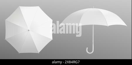 White 3d isolated blank umbrella mockup vector. Realistic parasol with handle mock up for branding and advertising set. Rain weather season fashion. Various waterproof open object front and top view Stock Vector