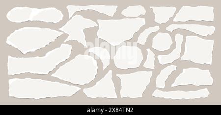 Set of torn light note paper pieces stuck on beige background for text or ad. Stock Vector