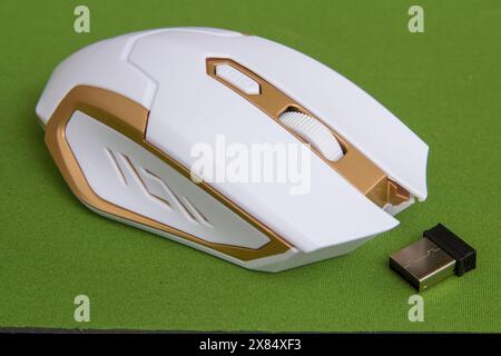 modern computer wireless mouse white on mat green with bluetooth adapter Stock Photo