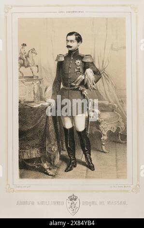 Adolphe (1817-1905). Duke of Nassau (1839-1866) and Grand Duke of Luxembourg (1890-1905). Portrait as Duke of Nassau. Drawing by J. Vallejo. Lithography by J. Donón. 'Reyes Contemporáneos' (Contemporary Kings). Volume III. Published in Madrid, 1854. Stock Photo