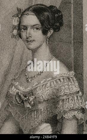 Adelaide of Austria (1822-1855). Austrian Archduchess. Queen consort of Sardinia (1849-1855) by her marriage to King Victor Emmanuel II (1820-1878). Portrait. Drawing by C. Legrand. Lithography by J. Donón. Detail. 'Reyes Contemporáneos' (Contemporary Kings). Volume III. Published in Madrid, 1854. Stock Photo