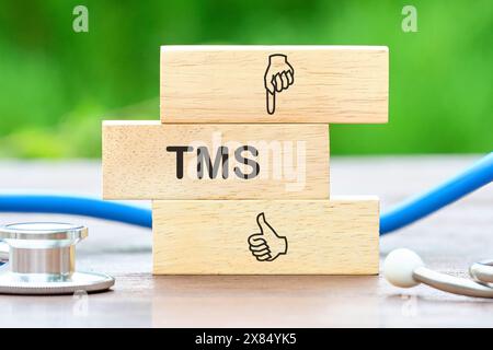 The acronym TMS transportation management system. Written on wooden bars next to the stethoscope Stock Photo