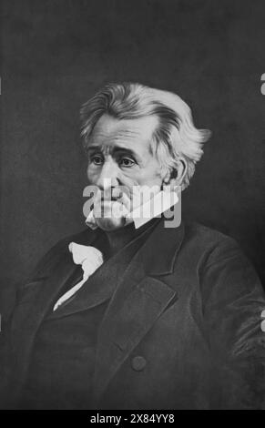 Mezzotint after a Daguerreotype of former US President, Andrew Jackson, half length portrait, seated, facing left. 5th April 1845. By Mathew Brady. Stock Photo