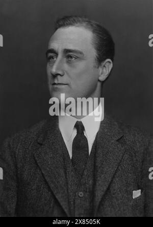 Formal head and shoulders portrait of Franklin D. Roosevelt wearing a suit and tie. This portrait was taken by Carl Vandyk in London in 1918. Stock Photo