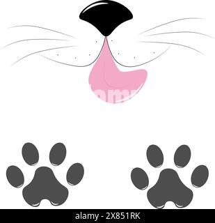 Cute silhouette of a cat's muzzle, nose, mustache and pink tongue, next to cat tracks. Vector illustration Stock Vector