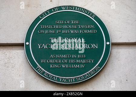 London, UK - February 19th 2024: A plaque on St. James's Street in London, UK, marking the location of the Thatched House Tavern where the Royal Yacht Stock Photo