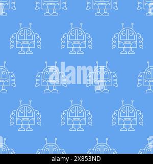 Cute Fun Robots Seamless Pattern Doodle Background Stock Vector