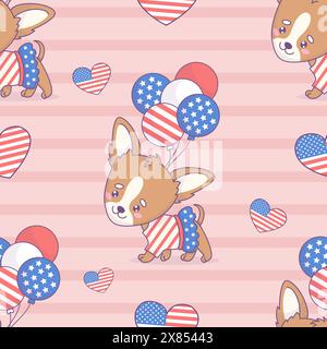 Seamless pattern with dog chihuahua girl in patriotic dress with balloons in colors American flag on striped pink background. Vector illustration desi Stock Vector