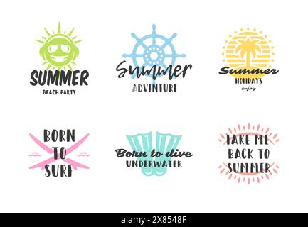 Summer holidays typography inspirational quotes design for posters or apparels set vector illustration. Hand drawn style symbols and objects. Stock Vector