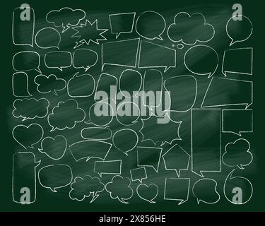 Speech bubbles doodles white chalk on green school board. Cloud for text, empty geometric shapes, chatting box, message box. Isolated vector blank emp Stock Vector