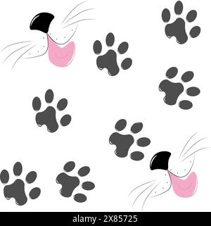 Cute silhouette of a cat's muzzle, nose, mustache and pink tongue, next to cat tracks. Vector illustration Stock Vector