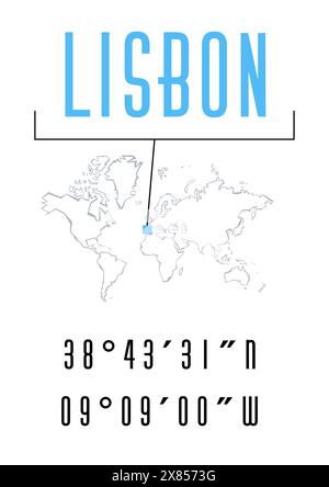 Lisbon poster or t-shirt graphic design. City coordinates and world map location typography. Creative minimal poster design. Stock Vector