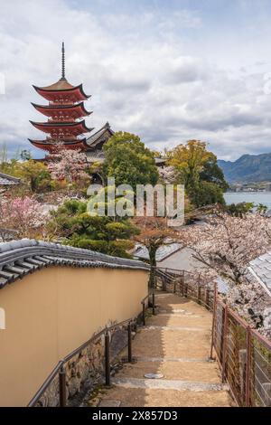 Five-Tiered Pagoda at Itsukushima Toyokuni Shrine (Senjokaku). Cherry blossom full bloom in springtime in Miyajima Island, Hiroshima, Japan. Stock Photo