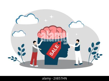 The human mind. The human brain. The concept of labor discounts. Discounts and promotions. Brain with a tag Stock Vector