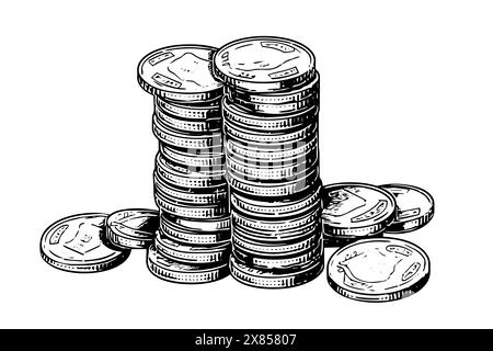 Stack of coins money in engraving style. Hand drawn ink sketch. Vector ...