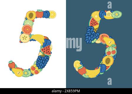 The number 5 is made up of brightly colored fruits and berries. Different fives one on a white and one on a dark blue background. Hand-drawn in doodle Stock Vector
