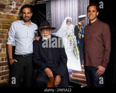 EDITORIAL USE ONLY (left to right) Photographers Samir Hussein, Anwar Hussein and Zak Hussein attend the launch of the Princess Diana: Accredited Access Exhibition, which is a collection of 75 life-size photographs of Diana, Princess of Wales taken by Anwar during his time as a Royal Photographer, before it opens to the public on Saturday, at Dockside Vaults, London. Picture date: Thursday May 23, 2024. Stock Photo