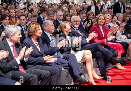 23 May 2024, Berlin: The constitutional bodies Federal President Frank-Walter Steinmeier, Manuela Schwesig (SPD), President of the Bundesrat and Minister President of Mecklenburg-Western Pomerania, Bärbel Bas (SPD), President of the Bundestag, Federal Chancellor Olaf Scholz (SPD), and Stephan Harbarth, President of the Federal Constitutional Court, take part in the state ceremony to mark '75 years of the Basic Law' at the forum between the Bundestag and the Federal Chancellery. The Basic Law of the Federal Republic of Germany was promulgated on May 23, 1949 and came into force the following da Stock Photo