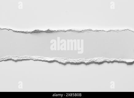 Two sheets of torn paper lie as horizontal strips on light gray cardboard Stock Photo