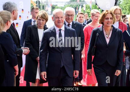 23 May 2024, Berlin: Federal President Frank-Walter Steinmeier and his wife Elke Büdenbender, Federal Chancellor Olaf Scholz (SPD) and his wife Britta Ernst, as well as Manuela Schwesig (SPD), Minister President of Mecklenburg-Western Pomerania and current President of the Bundesrat, and Bundestag President Bärbel Bas (SPD) will attend the state ceremony to mark '75 years of the Basic Law' on the forum between the Bundestag and the Federal Chancellery. The Basic Law of the Federal Republic of Germany was promulgated on May 23, 1949 and came into force the following day. The anniversary will be Stock Photo