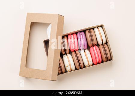 Colorful macaroons in gift box. Top view Stock Photo