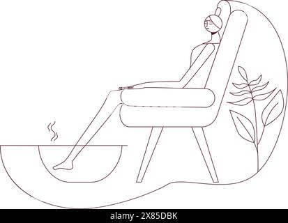 Foot baths with essential oils. Aromatherapy for legs. SPA design concept. Contour drawing. Isolated vector illustration. Stock Vector