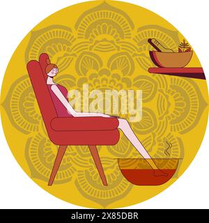 Foot baths with essential oils. Aromatherapy for legs. SPA design concept. Isolated flat vector illustration in circle shape. Stock Vector