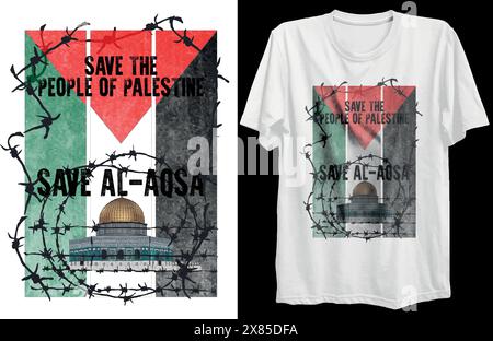 A design of white t-shirt with the Palestinian flag with Al-Aqsa and barbed wire fence and Save the people of Palestine written in black letters. Stock Vector