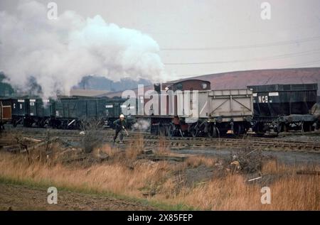 UK Coal mining in the 1960's, Steam train shunting wagons at Newmarket Colliery, Wakefield, west Yorkshire, north England, UK Stock Photo