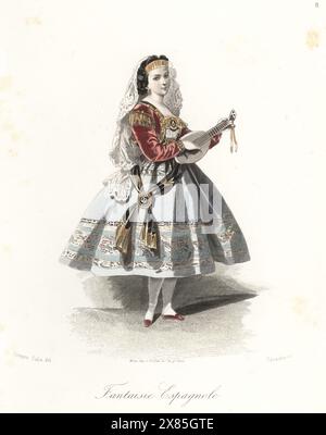 Woman in costume as a Spanish fantasy. In diadem and veil, bodice with epaulettes, embroidered skirts, sash, playing a mandolin. Fantaisie Espagnole. Handcoloured steel engraving by A. Carache after an illustration by Francois Claudius Compte-Calix from Les travestissements élégants, Elegant Fancy Dress Costumes, Les Modes Parisiennes, Paris, 1853. Stock Photo